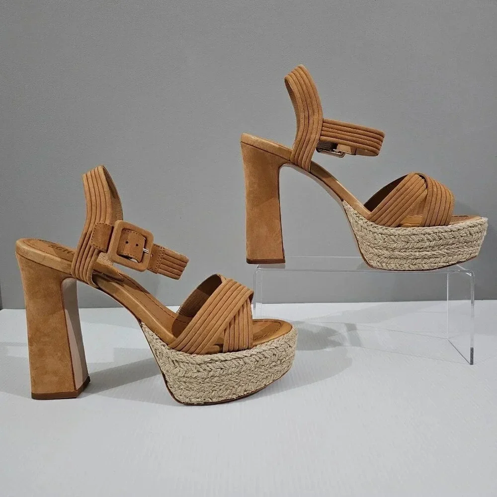 Schutz Blisse Platform Sandal Womens 10.5 Caramel Brown Suede Chunky Block Heel